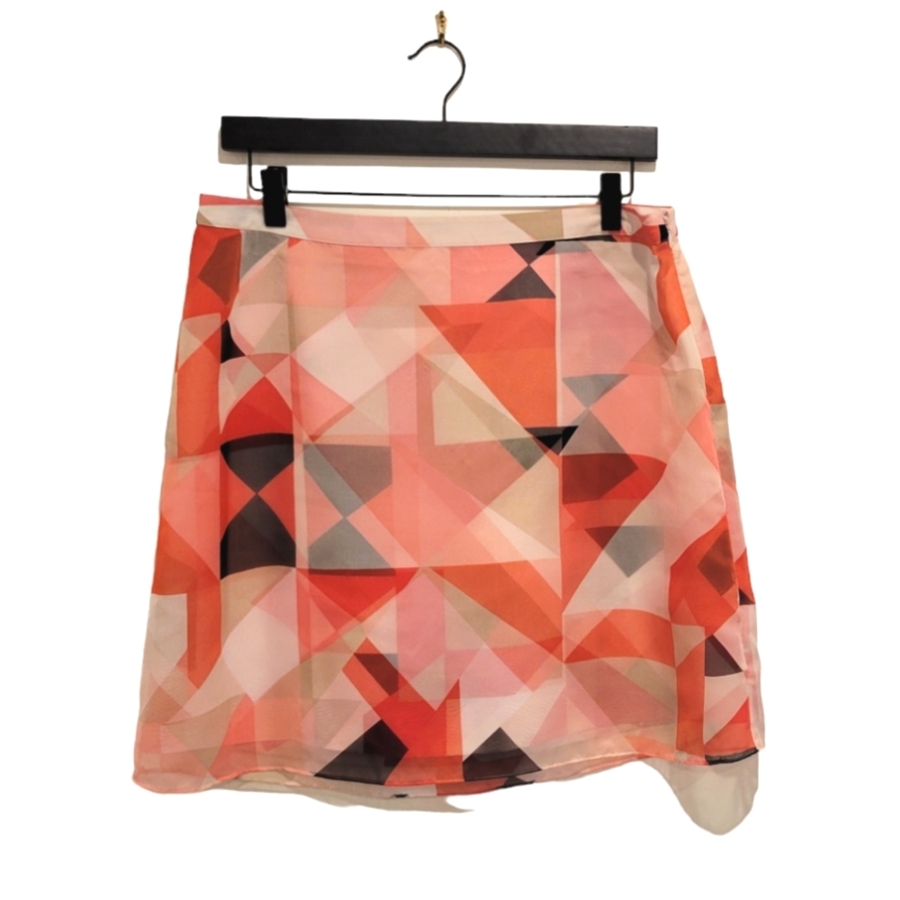 2/$18 Vince Camuto Sunrise Taffy Pink Geo-Print Double Layer A-line Mini Skirt 8
